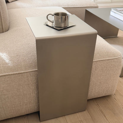 Front view of the Elegance Side Table in satin-matte stainless steel.